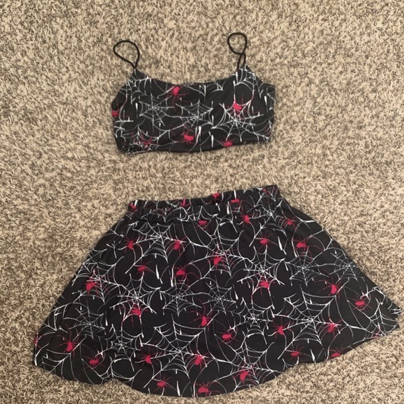 SHEIN Dresses & Skirts - SHEIN Black and Pink Spiderweb Mini Skirt and Bra Top, Size XS